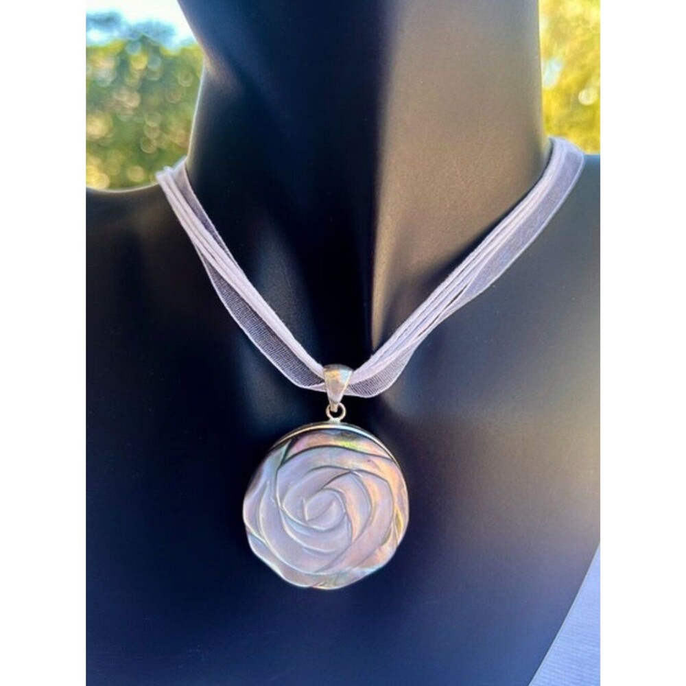 Iridescent Carved Shell Rose Pendant Necklace
